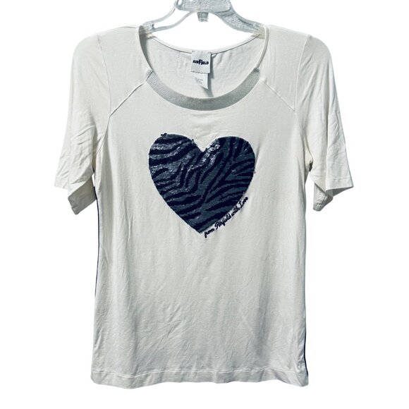 AirField Womens White Short Sleeve Top With Sequin Zebra Heart Design Size L - Picture 1 of 12